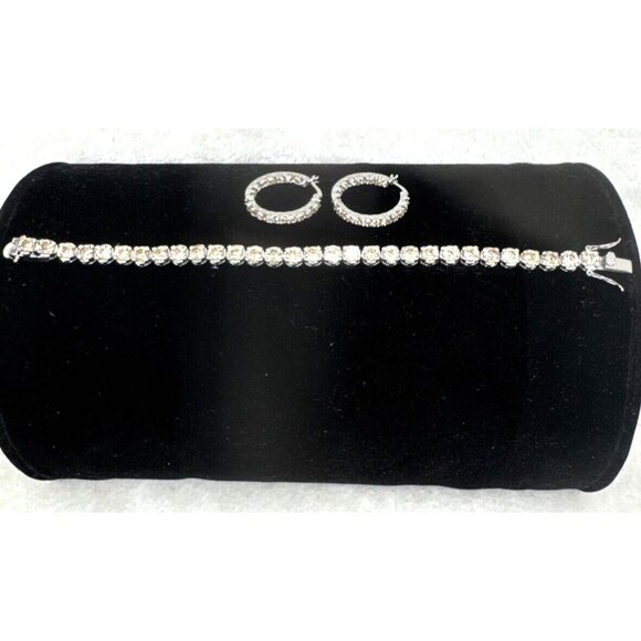 .925 Silver Bracelet & Hoop Earring Set W/Champagne Cubic Zirconia Stones - Picture 4 of 4